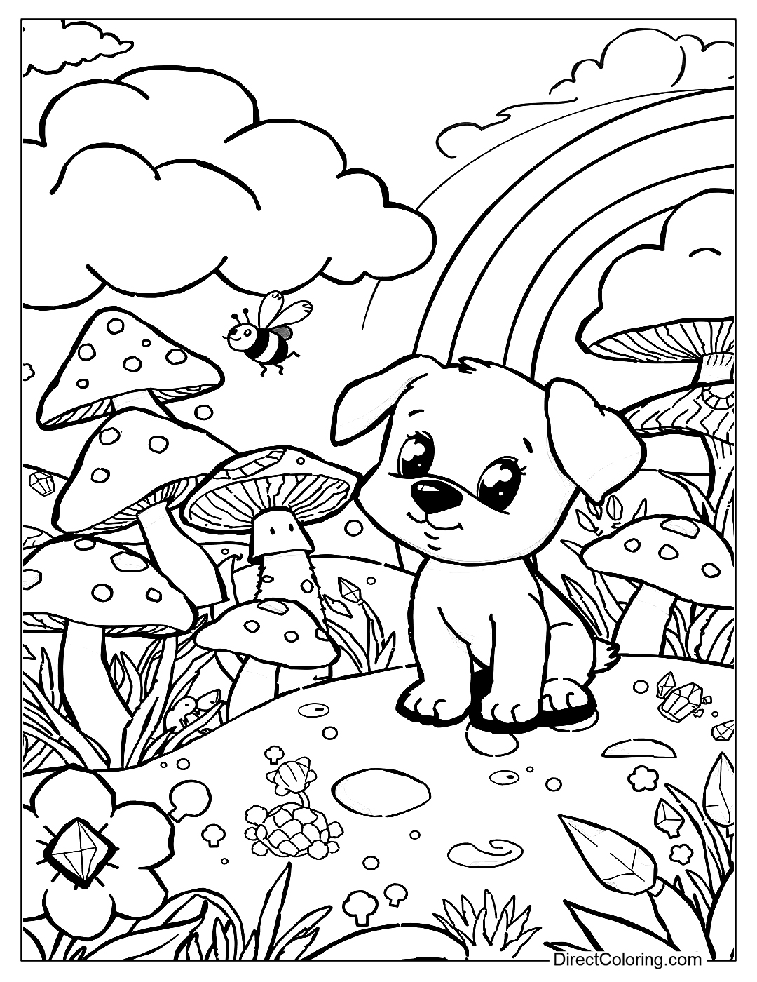 Puppy in a Fantasy World Free Coloring Page